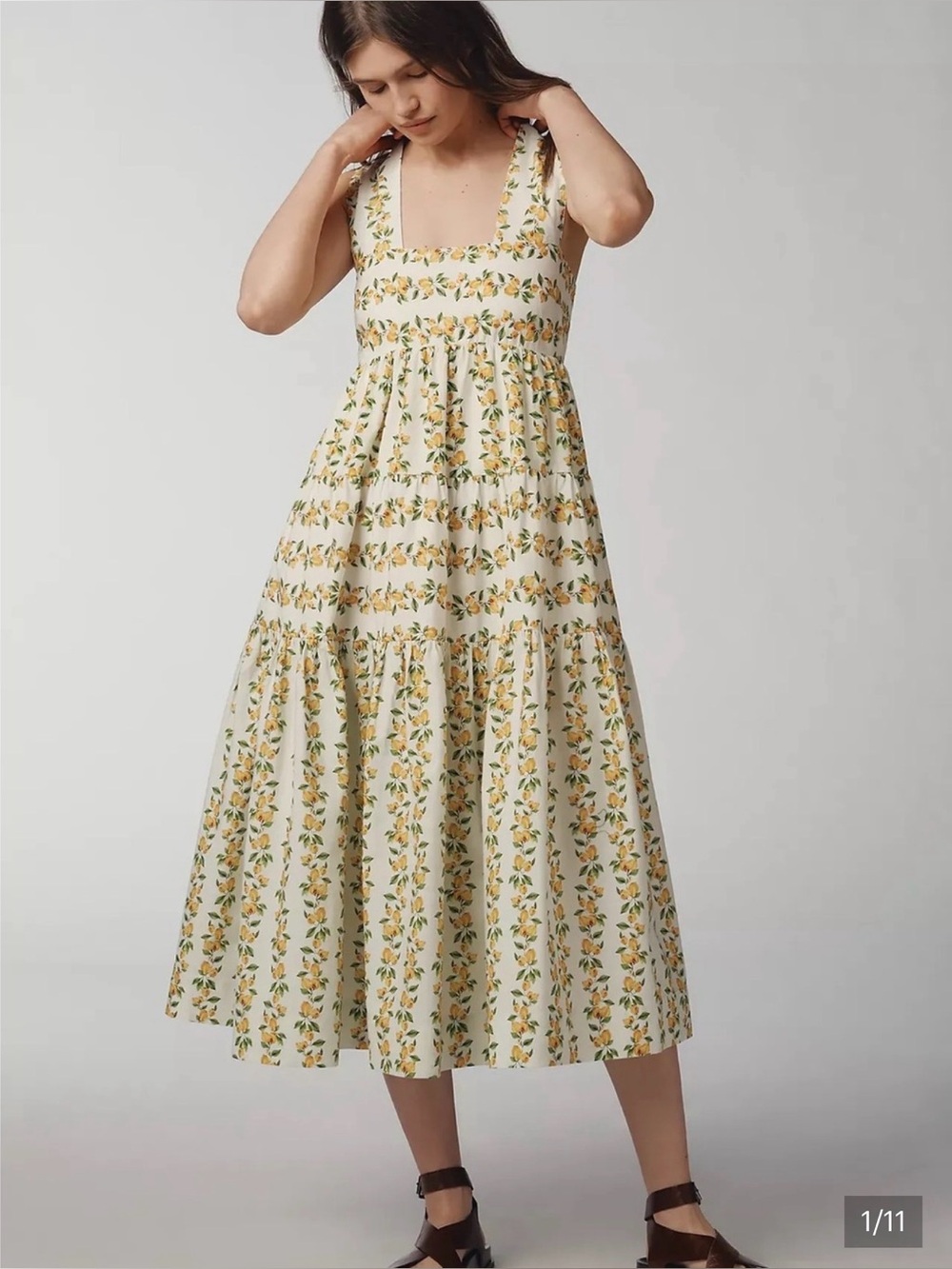 Anthropologie Helena Cream Midi Dress with Yellow lemon Print